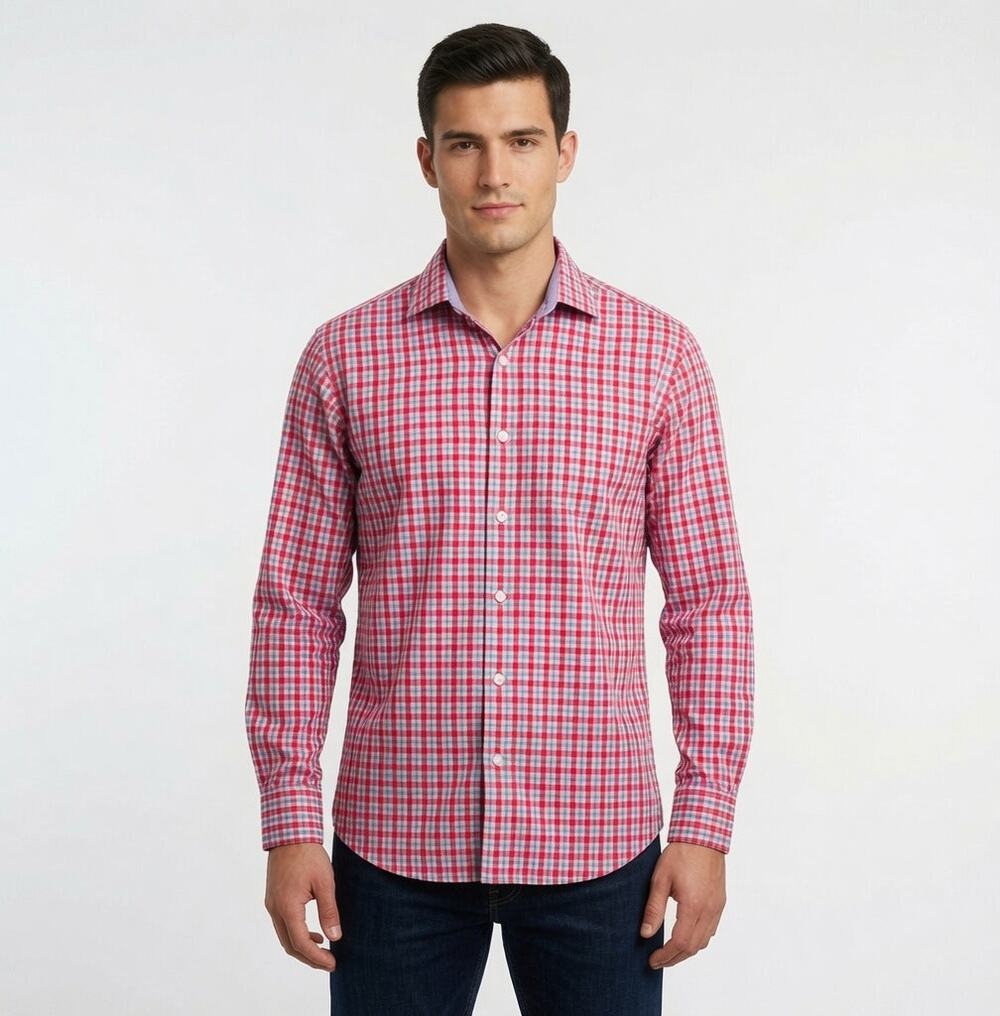 Men's Christian Aujard Pink and White Plaid Button Down Shirt Medium